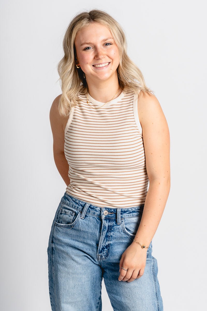 Round neck bodysuit cream/tan - Cute bodysuit - Trendy Bodysuits at Lush Fashion Lounge Boutique in Oklahoma City
