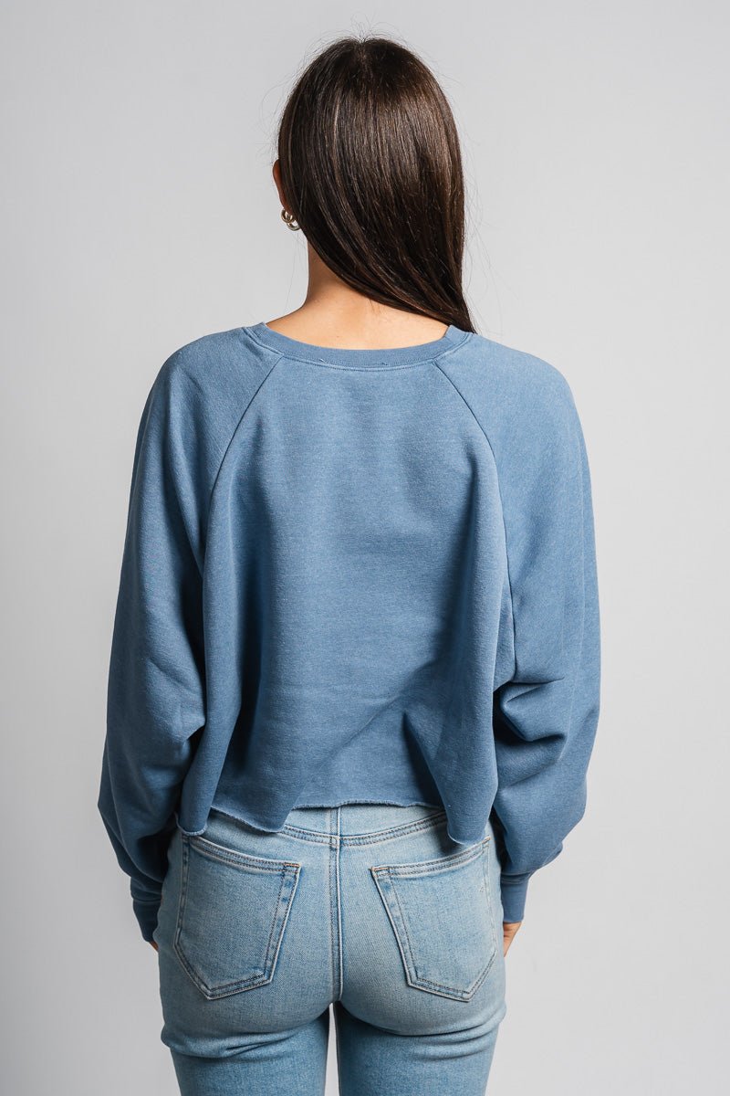 Raw hem crop sweatshirt grey blue