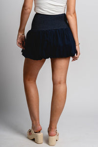 Smocked bubble hem skirt navy | Lush Fashion Lounge: boutique fashion skirts, affordable boutique skirts, cute affordable skirts