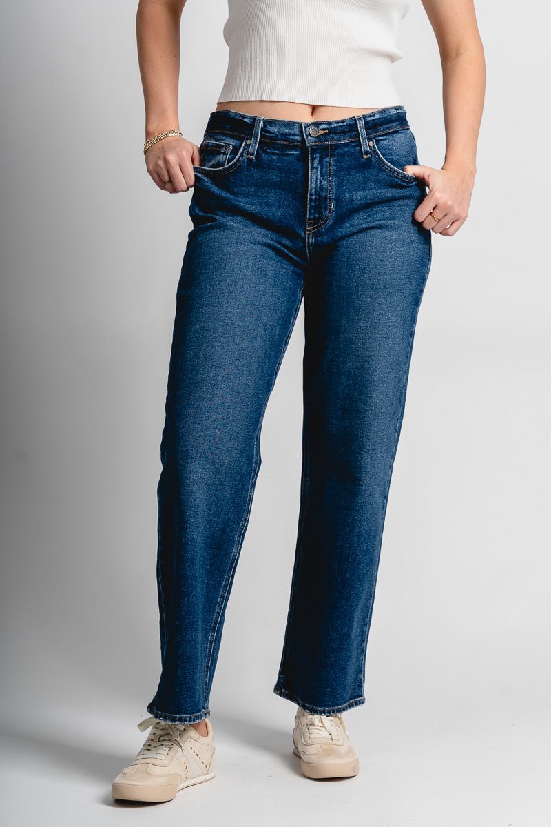 Mid rise boyfriend jeans dark wash | Lush Fashion Lounge: boutique women's jeans, fashion jeans for women, affordable fashion jeans, cute boutique jeans