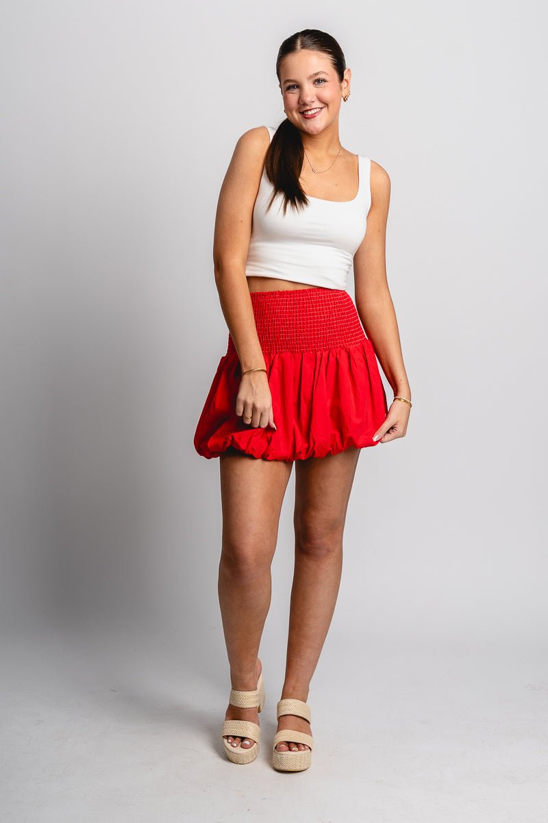 Smocked bubble hem skirt red | Lush Fashion Lounge: boutique fashion skirts, affordable boutique skirts, cute affordable skirts
