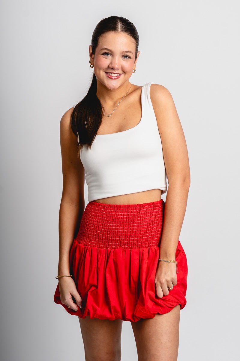 Smocked bubble hem skirt red | Lush Fashion Lounge: boutique fashion skirts, affordable boutique skirts, cute affordable skirts