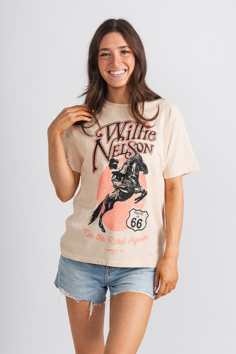 DayDreamer Willie Nelson Route 66 tee sand - Trendy Band T-Shirts and Sweatshirts at Lush Fashion Lounge Boutique in Oklahoma City