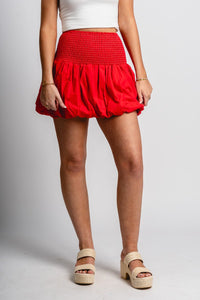 Smocked bubble hem skirt red | Lush Fashion Lounge: boutique fashion skirts, affordable boutique skirts, cute affordable skirts