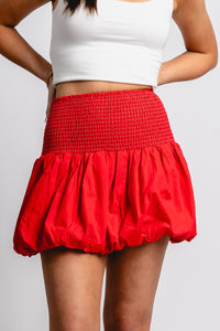 Smocked bubble hem skirt red | Lush Fashion Lounge: boutique fashion skirts, affordable boutique skirts, cute affordable skirts