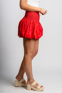 Smocked bubble hem skirt red | Lush Fashion Lounge: boutique fashion skirts, affordable boutique skirts, cute affordable skirts