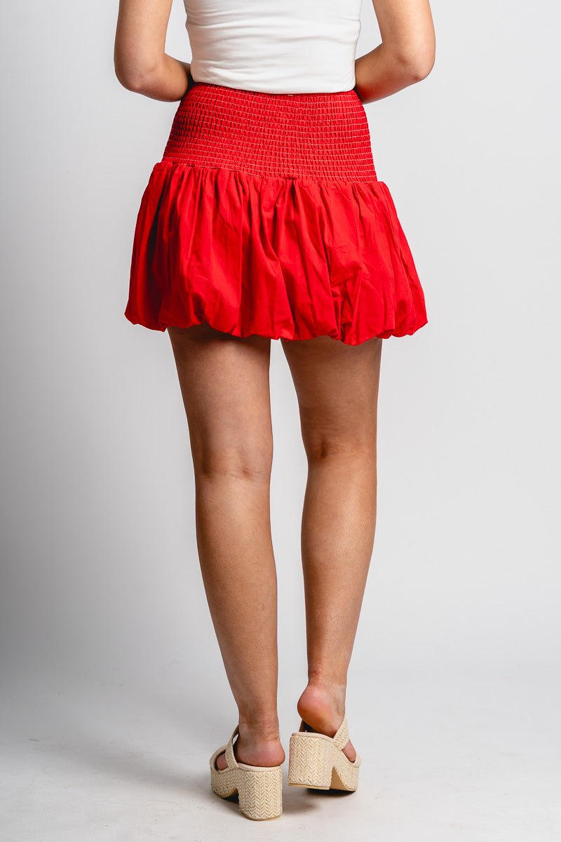 Smocked bubble hem skirt red | Lush Fashion Lounge: boutique fashion skirts, affordable boutique skirts, cute affordable skirts