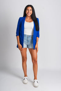 Ruched sleeve blazer royal blue - Oklahoma City inspired graphic t-shirts at Lush Fashion Lounge Boutique in Oklahoma City