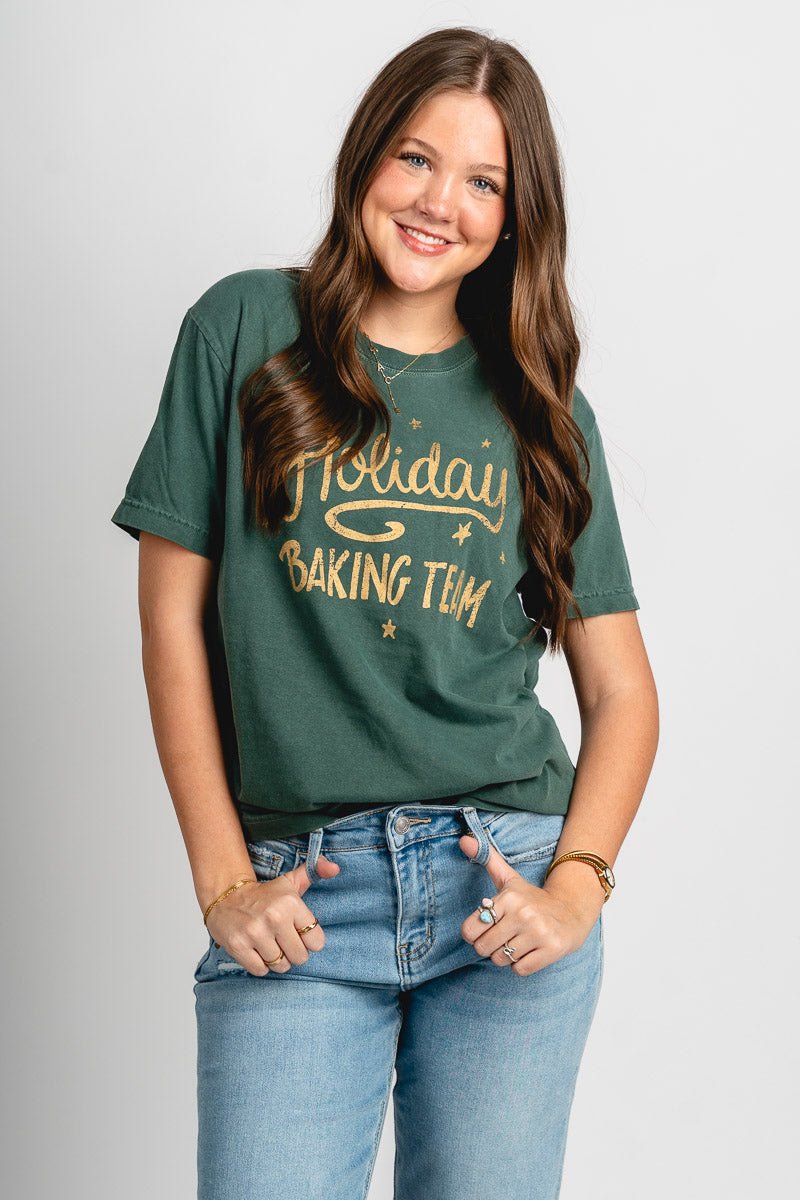 Holiday baking team comfort colors tee washed pine - Trendy Holiday Apparel at Lush Fashion Lounge Boutique in Oklahoma City