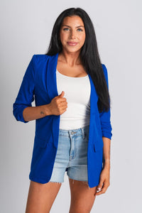 Ruched sleeve blazer royal blue – Trendy Jackets | Cute Fashion Blazers at Lush Fashion Lounge Boutique in Oklahoma City