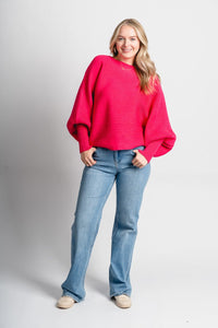 Boat neck ribbed sweater fuchsia - Trendy Sweaters | Cute Pullover Sweaters at Lush Fashion Lounge Boutique in Oklahoma City