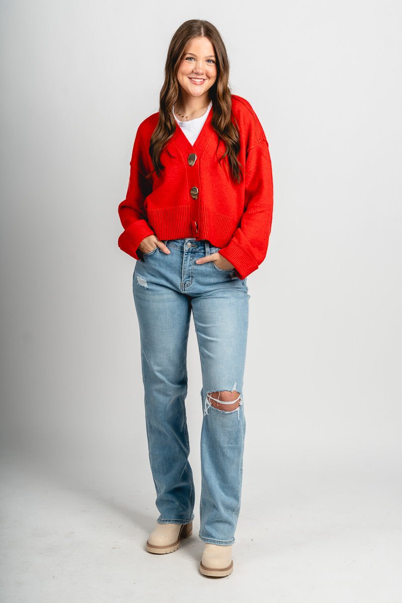 Knit sweater cardigan red - Trendy Sweater - Fashion Cardigans & Cute Kimonos at Lush Fashion Lounge Boutique in Oklahoma City