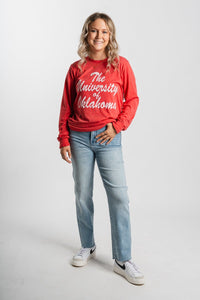 OU OU University of Oklahoma script long sleeve t-shirt red T-shirt | Lush Fashion Lounge Trendy Oklahoma University Sooners Apparel & Cute Gameday T-Shirts