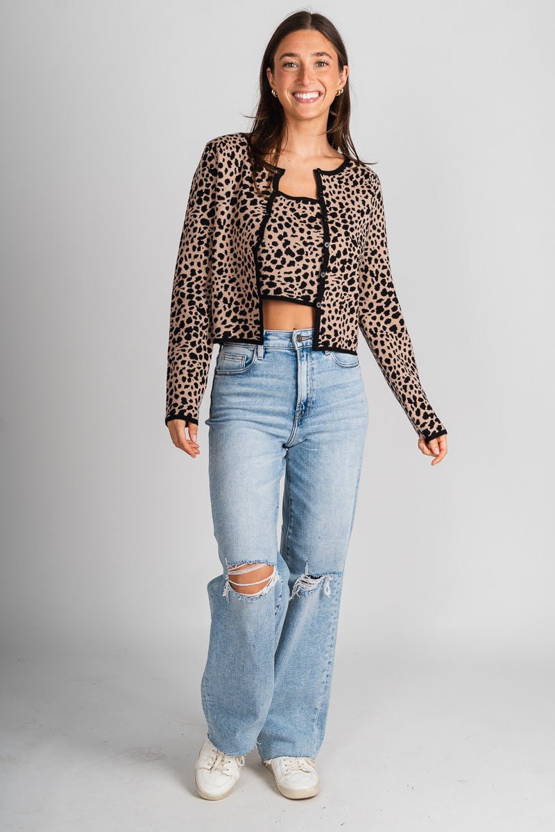 Leopard sweater cardigan w/ cami khaki/black