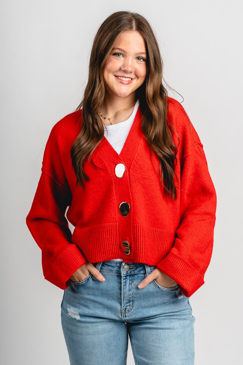 Knit sweater cardigan red - Cute Sweater - Trendy Cardigans & Stylish Kimonos at Lush Fashion Lounge Boutique in Oklahoma City