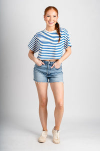 Striped cropped tee blue/white - Oklahoma City inspired graphic t-shirts at Lush Fashion Lounge Boutique in Oklahoma City