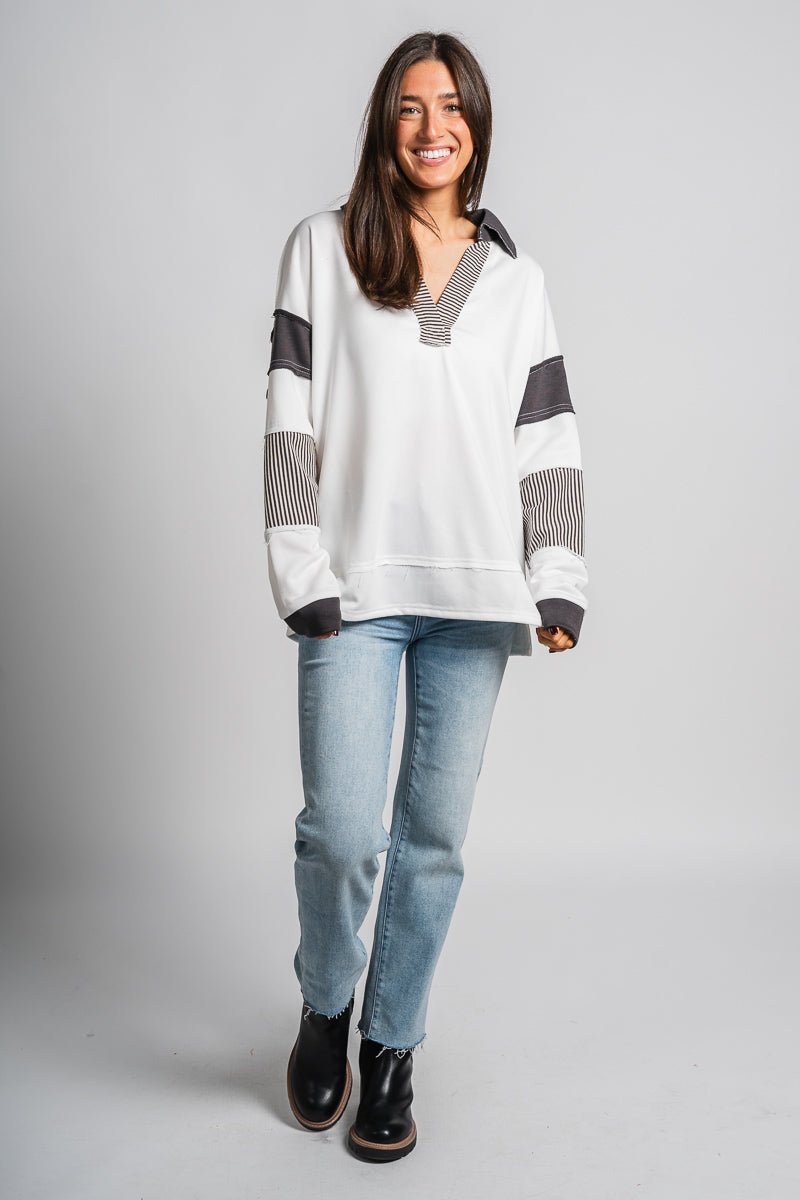 Terry striped collared top white/charcoal