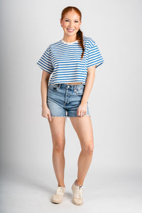 Striped cropped tee blue/white - Trendy OKC Thunder T-Shirts at Lush Fashion Lounge Boutique in Oklahoma City