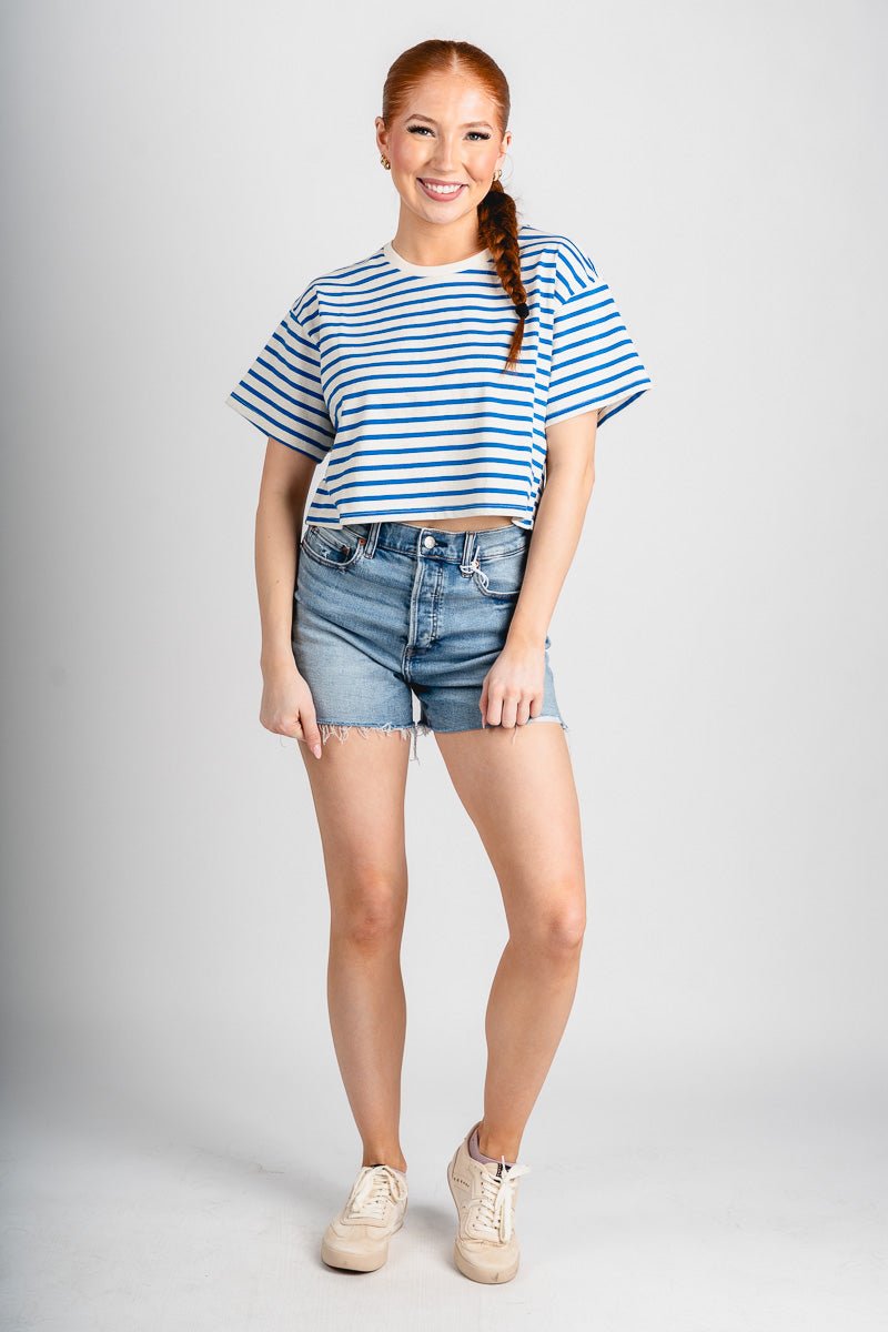 Striped cropped tee blue/white - Trendy OKC Thunder T-Shirts at Lush Fashion Lounge Boutique in Oklahoma City