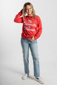 OU OU University of Oklahoma script long sleeve t-shirt red T-shirt | Lush Fashion Lounge Trendy Oklahoma University Sooners Apparel & Cute Gameday T-Shirts