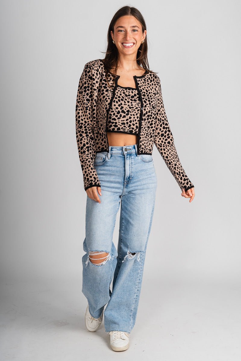 Leopard sweater cardigan w/ cami khaki/black - Affordable sweater - Boutique Cardigans & Trendy Kimonos at Lush Fashion Lounge Boutique in Oklahoma City