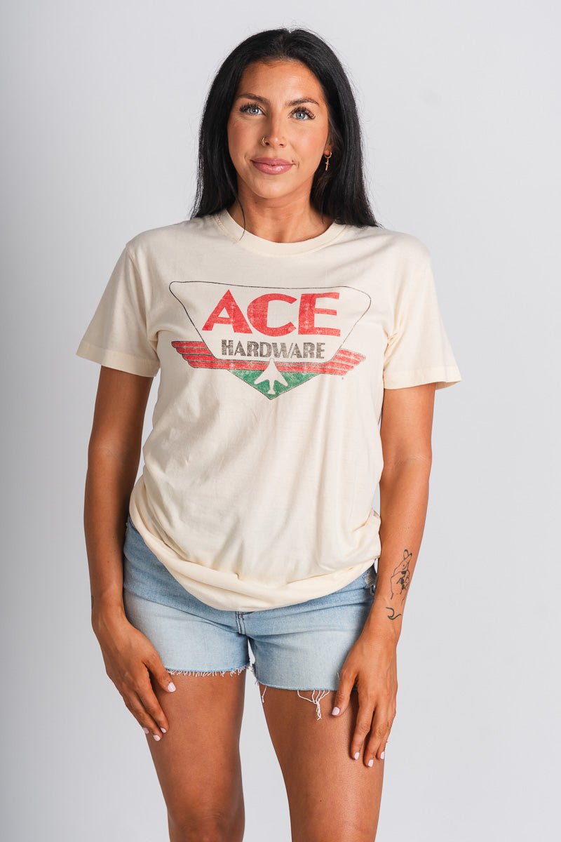 Ace Hardware vintage t-shirt cream – Affordable Blazers | Cute Black Jackets at Lush Fashion Lounge Boutique in Oklahoma City