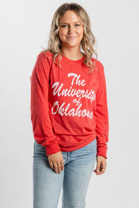 OU OU University of Oklahoma script long sleeve t-shirt red T-shirt | Lush Fashion Lounge Trendy Oklahoma University Sooners Apparel & Cute Gameday T-Shirts