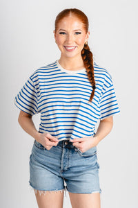 Striped cropped tee blue/white - Trendy OKC Apparel at Lush Fashion Lounge Boutique in Oklahoma City