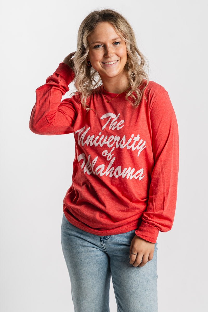 OU OU University of Oklahoma script long sleeve t-shirt red T-shirt | Lush Fashion Lounge Trendy Oklahoma University Sooners Apparel & Cute Gameday T-Shirts