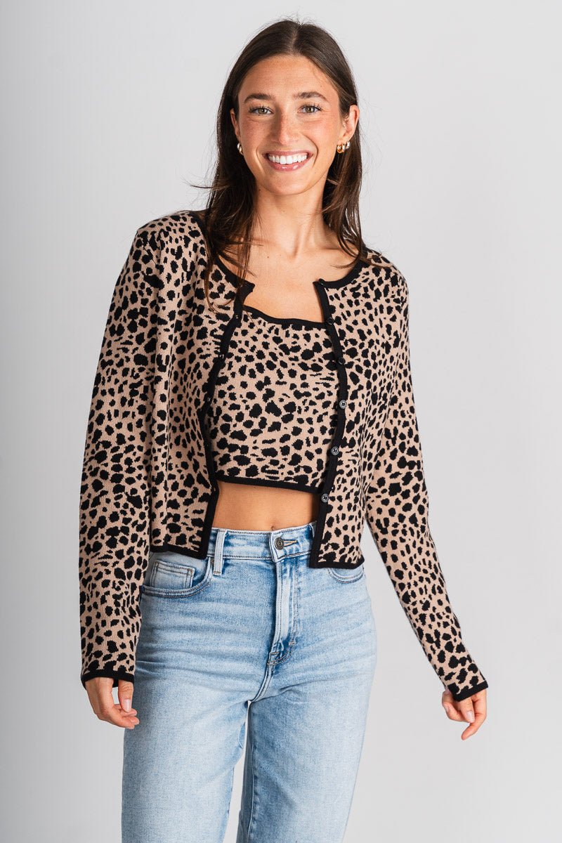 Leopard sweater cardigan w/ cami khaki/black