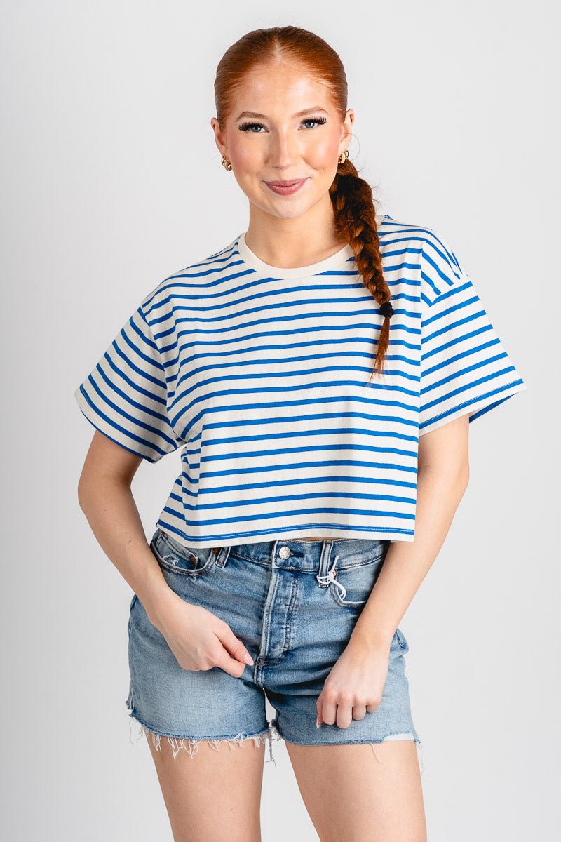 Striped cropped tee blue/white - Trendy Oklahoma City Basketball T-Shirts Lush Fashion Lounge Boutique in Oklahoma City