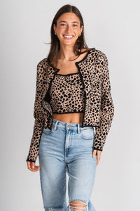 Leopard sweater cardigan w/ cami khaki/black - Cute sweater - Trendy Cardigans & Stylish Kimonos at Lush Fashion Lounge Boutique in Oklahoma City