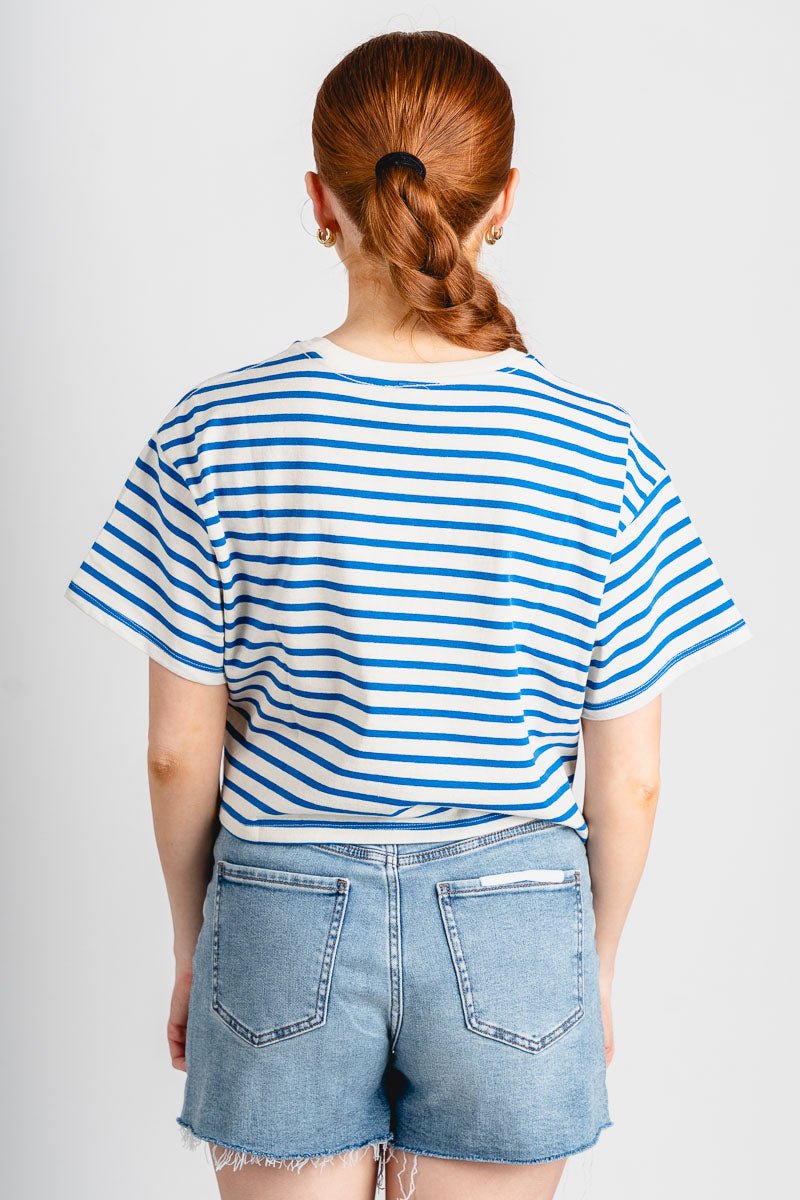 Striped cropped tee blue/white - Vintage OKC Basketball T-Shirts at Lush Fashion Lounge Boutique in Oklahoma City