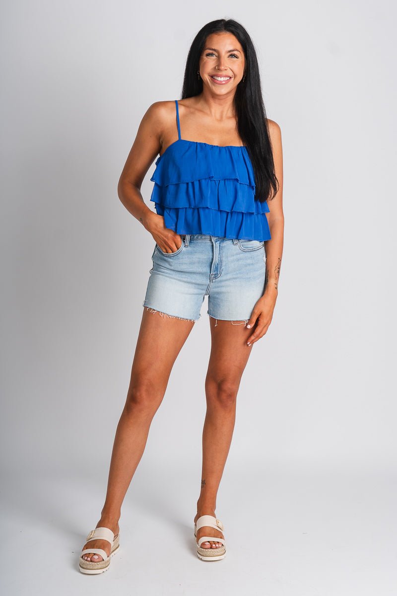 Ruffle tank top blue - Oklahoma City inspired graphic t-shirts at Lush Fashion Lounge Boutique in Oklahoma City