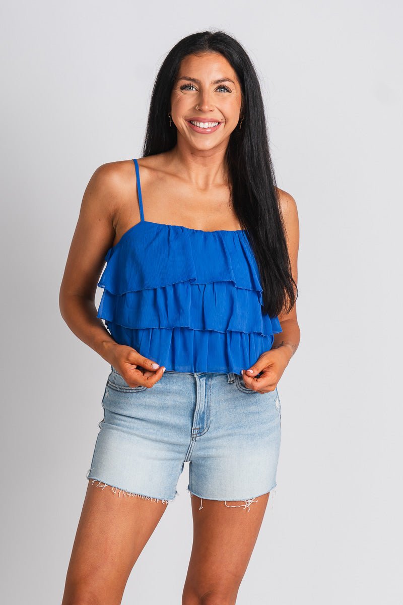 Ruffle tank top blue - Trendy Oklahoma City Basketball T-Shirts Lush Fashion Lounge Boutique in Oklahoma City