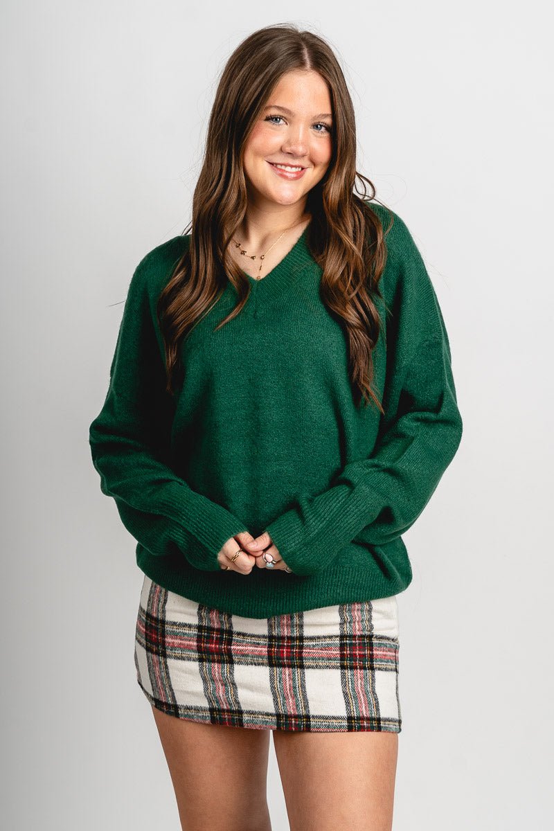 V-neck oversized sweater dark green – Boutique Sweaters | Fashionable Sweaters at Lush Fashion Lounge Boutique in Oklahoma City