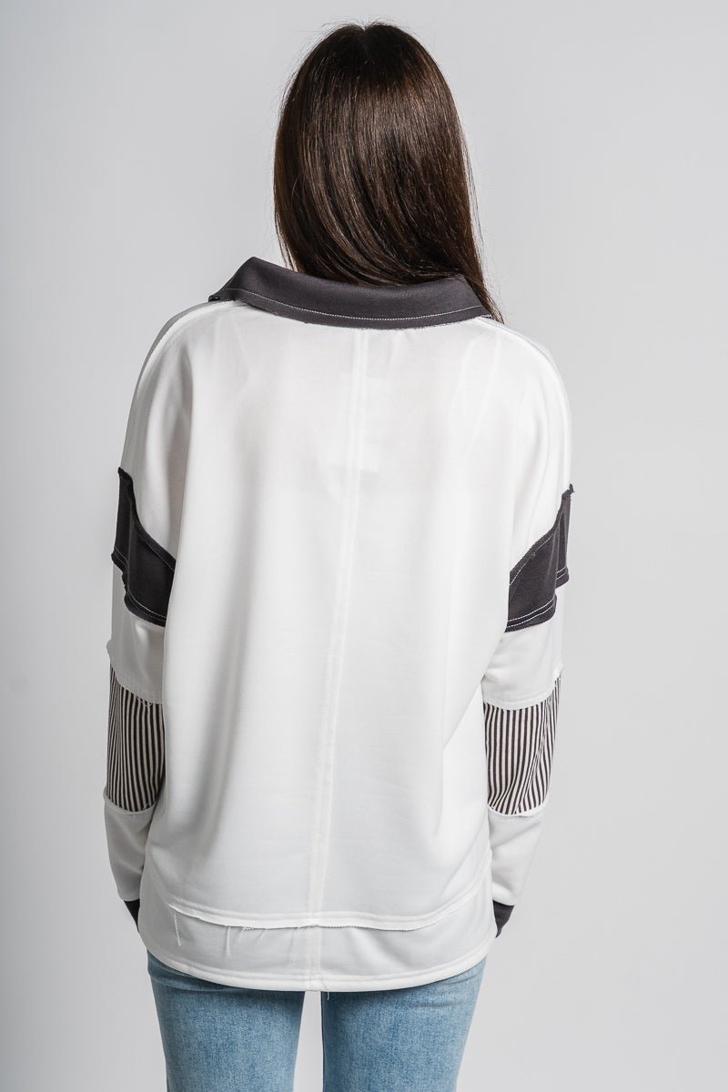 Terry striped collared top white/charcoal