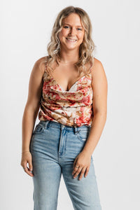 Floral cowl neck bodysuit rose multi - Cute Bodysuit - Trendy Bodysuits at Lush Fashion Lounge Boutique in Oklahoma City