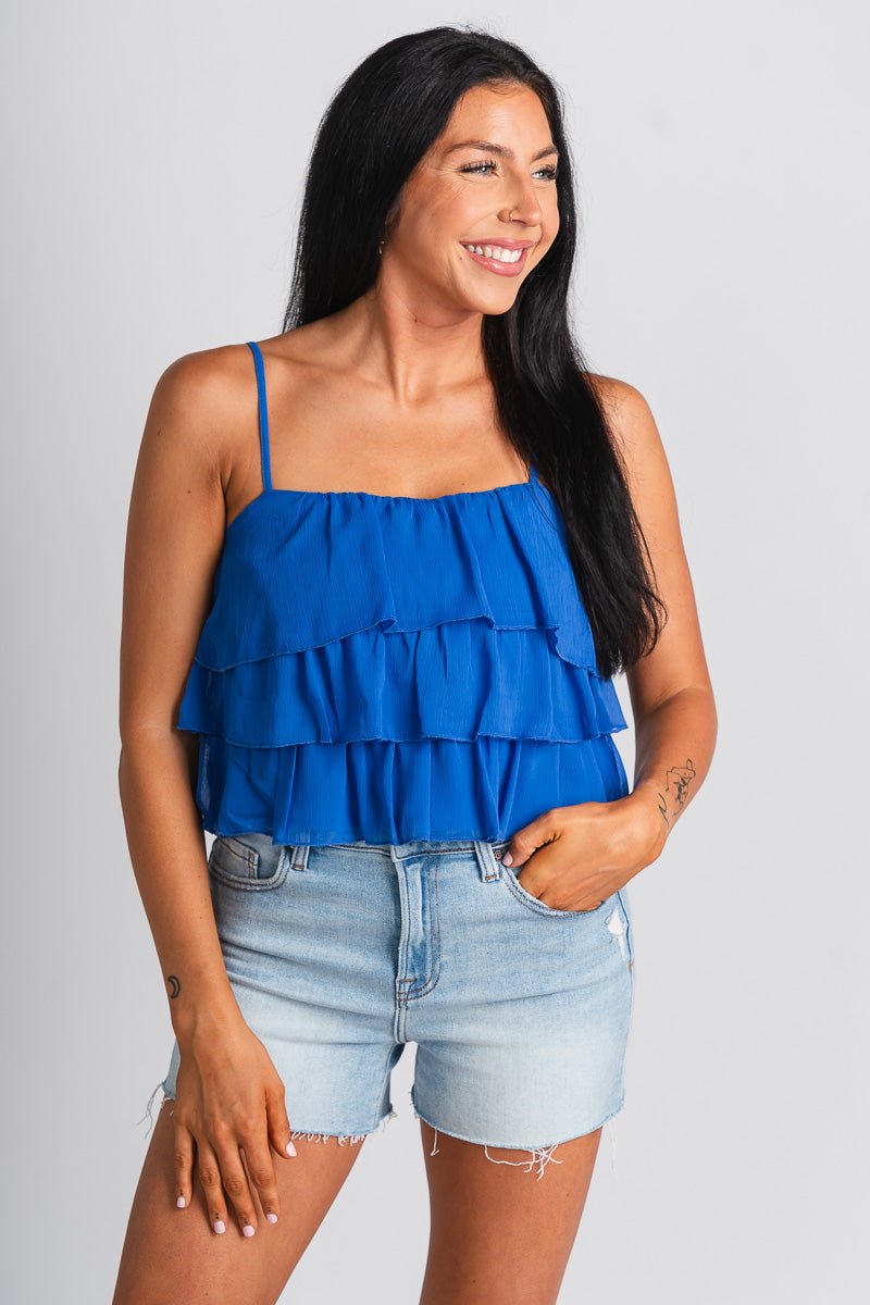 Ruffle tank top blue - Cute Tank Top - Trendy Tank Tops at Lush Fashion Lounge Boutique in Oklahoma City