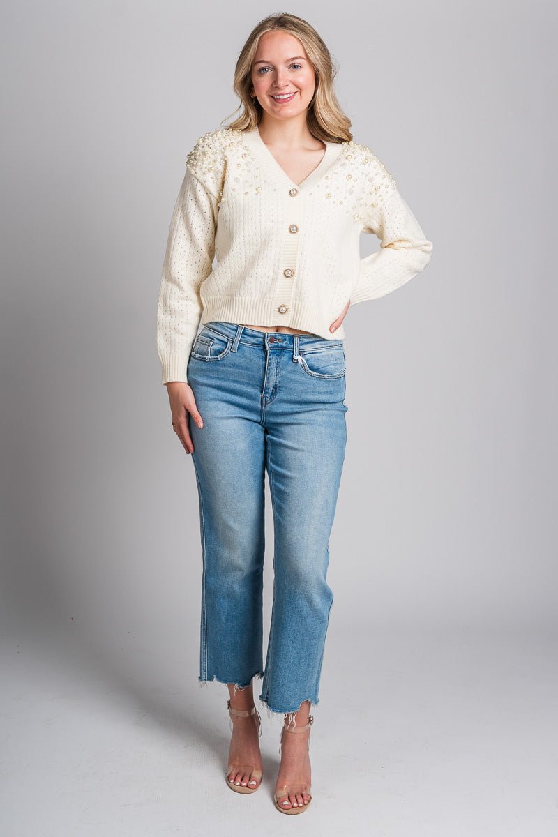 Pearl studded sweater cardigan cream – Unique Sweaters | Lounging Sweaters and Womens Fashion Sweaters at Lush Fashion Lounge Boutique in Oklahoma City