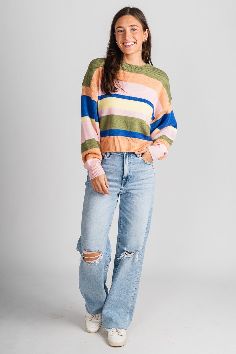 Boxy striped sweater olive multi – Unique Sweaters | Lounging Sweaters and Womens Fashion Sweaters at Lush Fashion Lounge Boutique in Oklahoma City