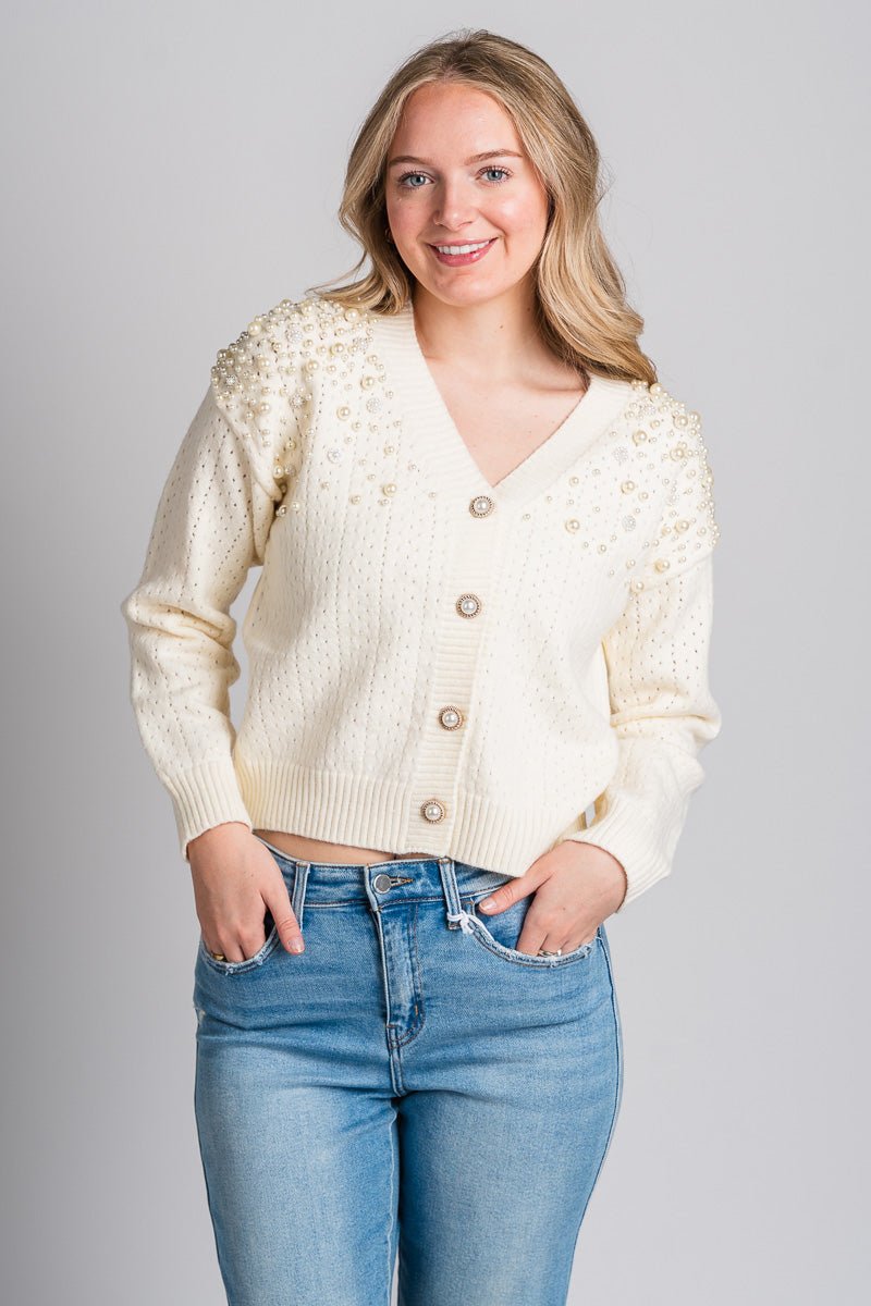 Pearl studded sweater cardigan cream - Cute Cardigan - Trendy Cardigans & Stylish Kimonos at Lush Fashion Lounge Boutique in Oklahoma City