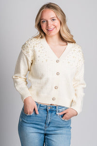 Pearl studded sweater cardigan cream - Affordable Cardigan - Boutique Cardigans & Trendy Kimonos at Lush Fashion Lounge Boutique in Oklahoma City