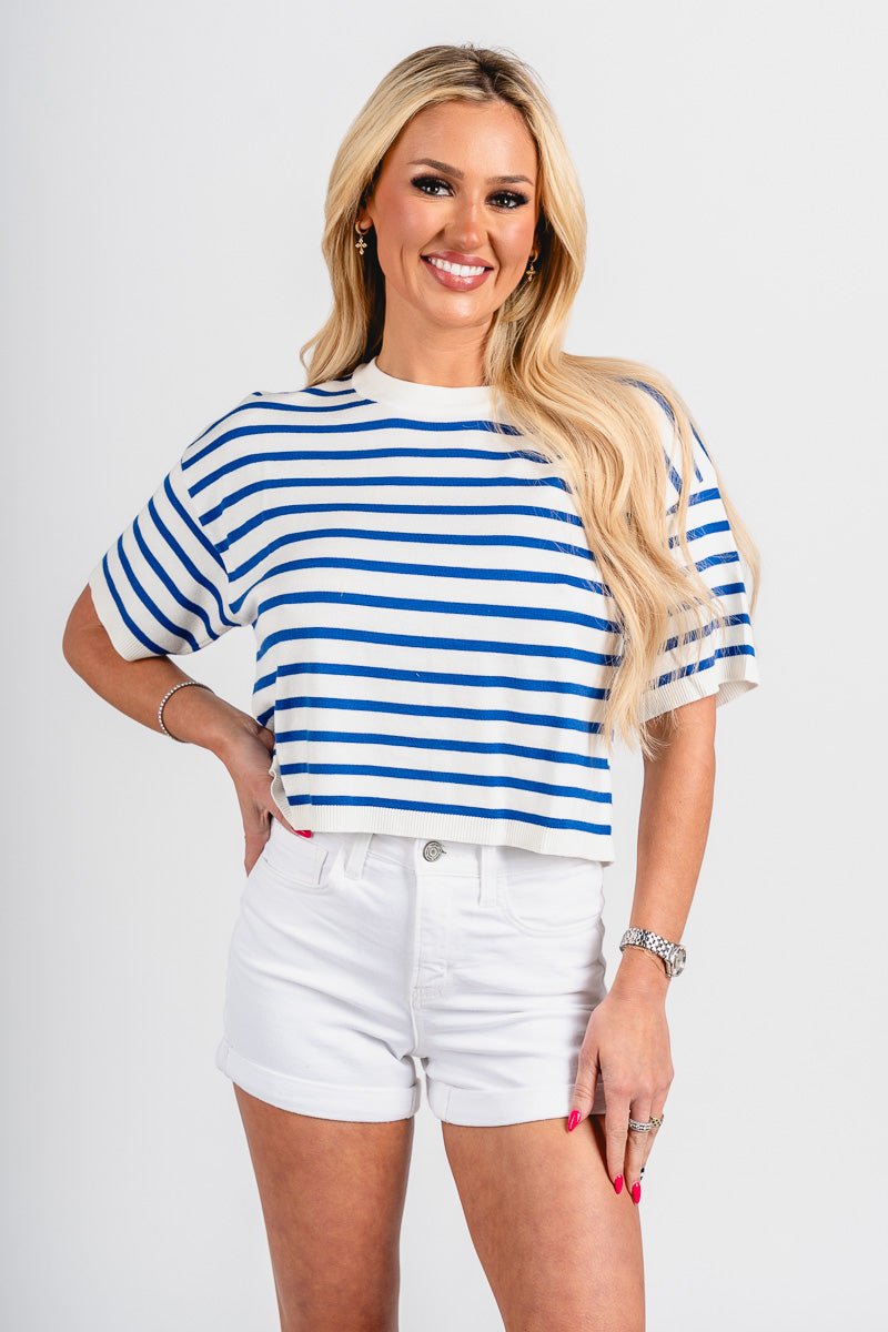 Striped short sleeve top blue - Trendy OKC Apparel at Lush Fashion Lounge Boutique in Oklahoma City