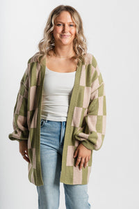 Checkered sweater cardigan olive/beige - Cute Cardigan - Trendy Cardigans & Stylish Kimonos at Lush Fashion Lounge Boutique in Oklahoma City