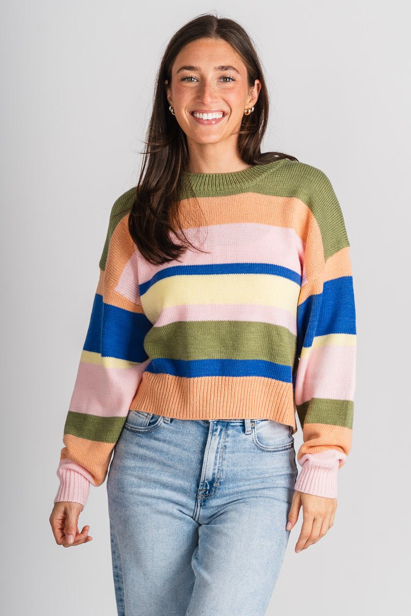 Boxy striped sweater olive multi - Cute sweater - Trendy Cardigans & Stylish Kimonos at Lush Fashion Lounge Boutique in Oklahoma City