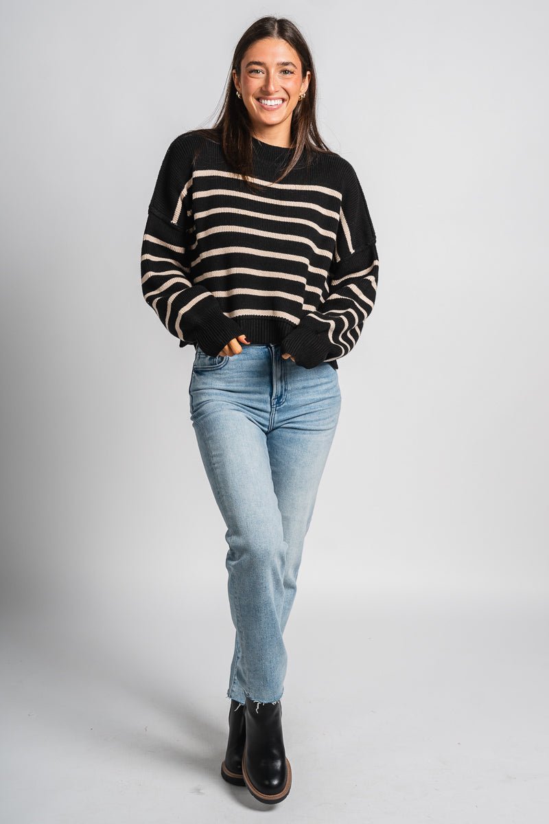 Striped sweater black/tan – Unique Sweaters | Lounging Sweaters and Womens Fashion Sweaters at Lush Fashion Lounge Boutique in Oklahoma City