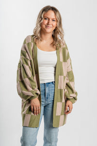 Checkered sweater cardigan olive/beige - Affordable Cardigan - Boutique Cardigans & Trendy Kimonos at Lush Fashion Lounge Boutique in Oklahoma City