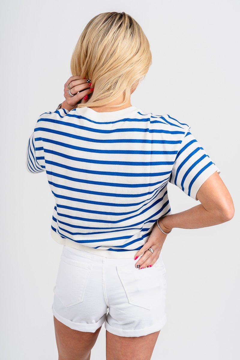 Striped short sleeve top blue - Vintage OKC Basketball T-Shirts at Lush Fashion Lounge Boutique in Oklahoma City