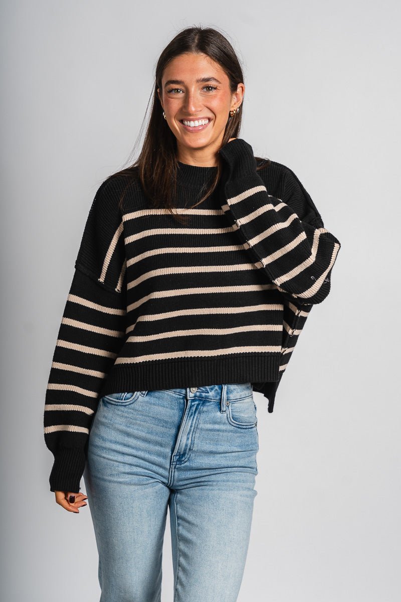 Striped sweater black/tan – Stylish Sweaters | Boutique Sweaters at Lush Fashion Lounge Boutique in Oklahoma City